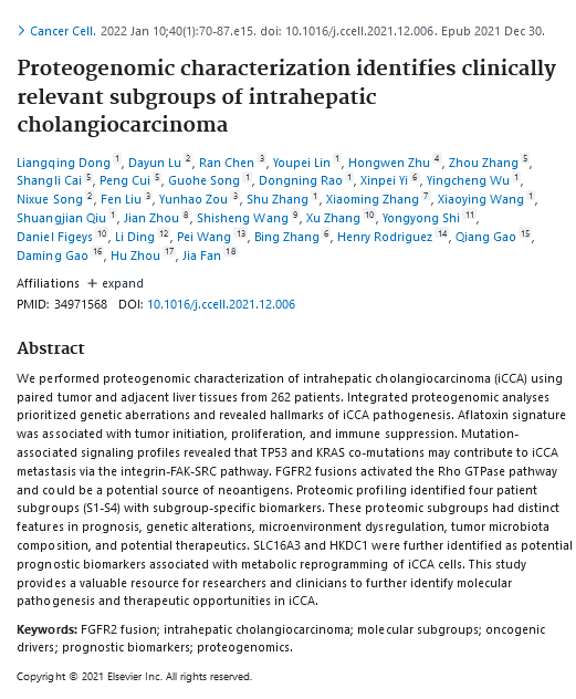 Proteogenomic characterization identifies clinically relevant subgroups of intrahepatic cholangiocarcinoma