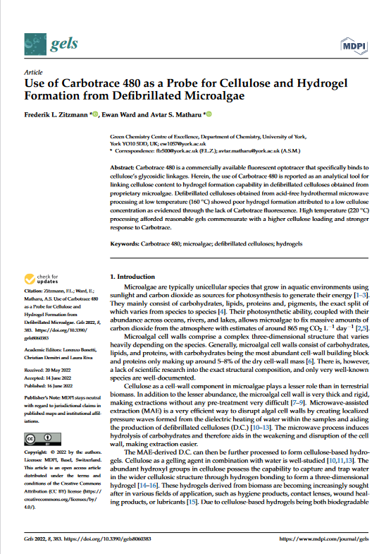 Use of Carbotrace 480 as a Probe for Cellulose and Hydrogel Formation from Defibrillated Microalgae