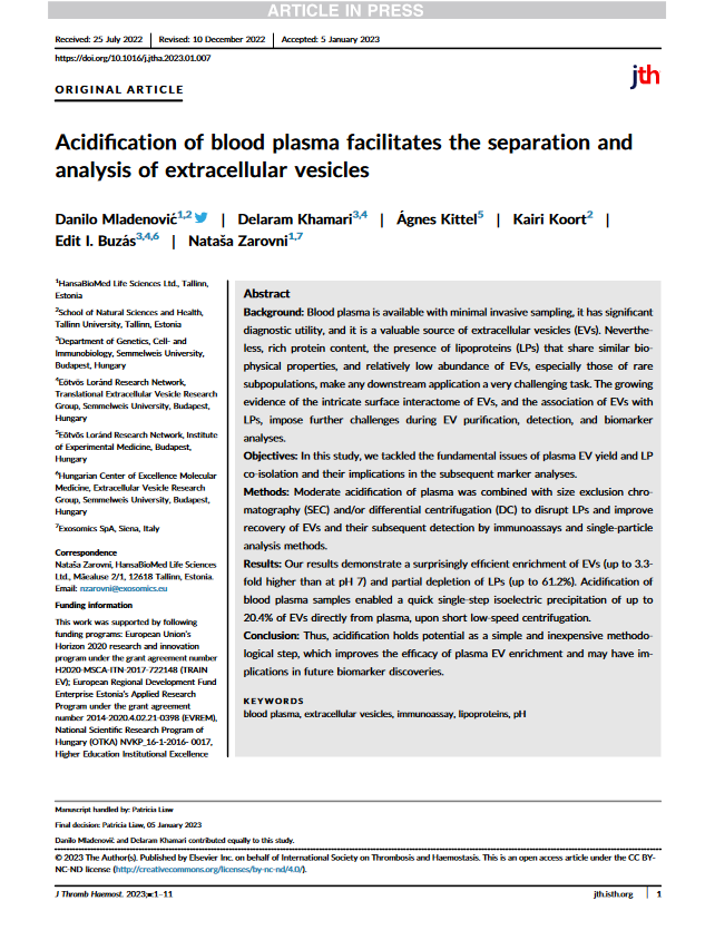 Acidification of blood plasma facilitates the separation and analysis of extracellular vesicles