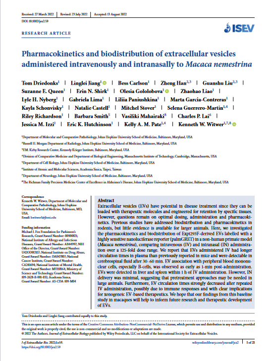 Pharmacokinetics and biodistribution of extracellular vesicles administered intravenously and intranasally to Macaca nemestrina
